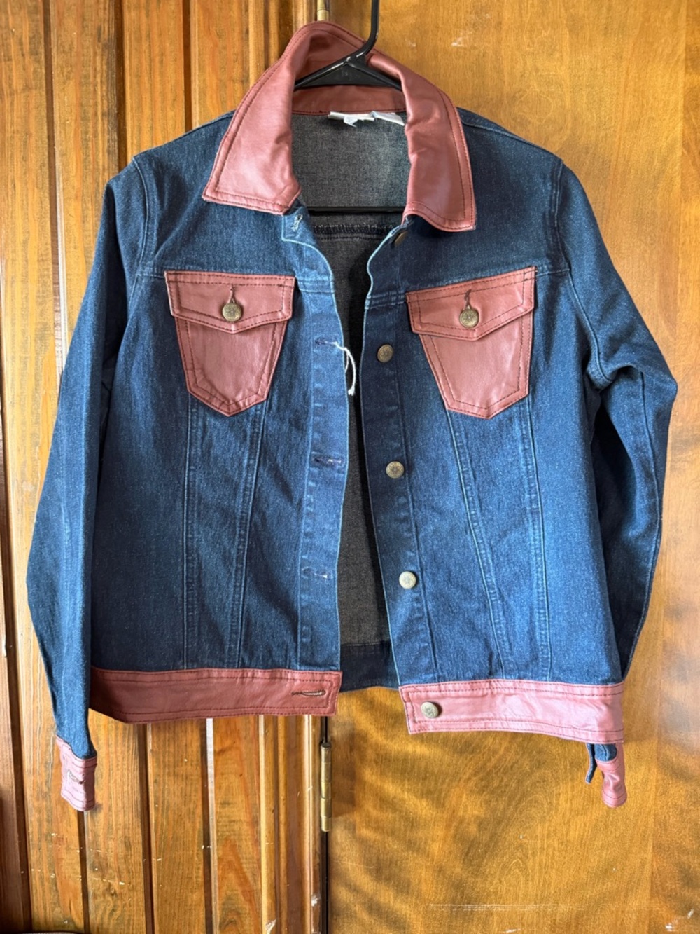 Diane Gilman Dark Blue Denim Jacket with Brown Leather Trim
